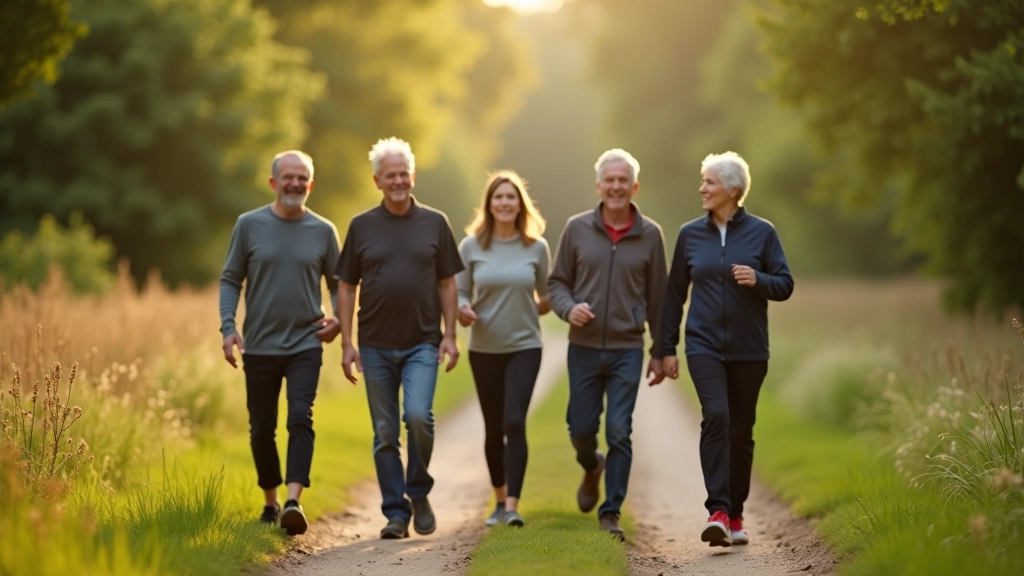 Group of adults aged 40-60 walking together on a scenic countryside trail
