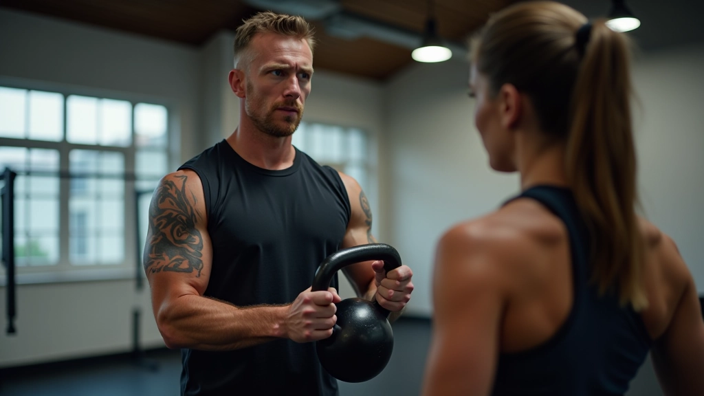 Experienced coach demonstrating proper form to an adult athlete in a CrossFit gym setting, showing attention to technique and safety