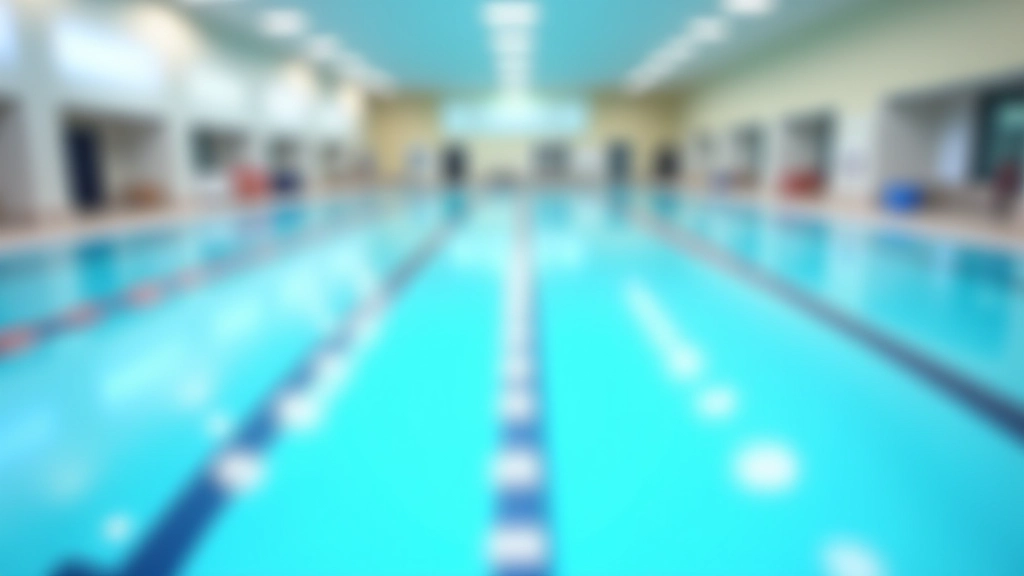 Close-up view of swimming pool lanes during a structured training session with swimmers doing different strokes