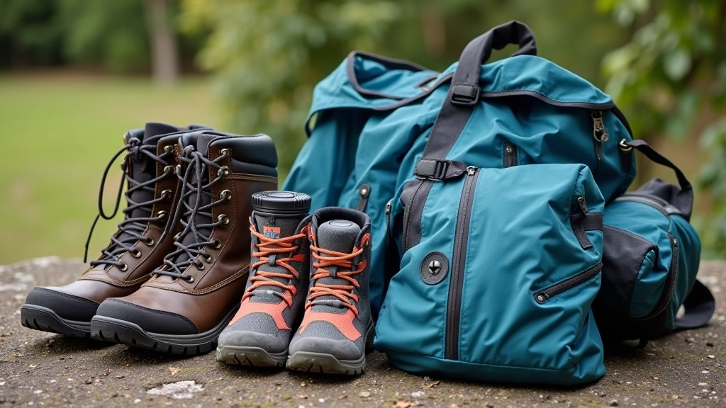 Walking gear laid out showing proper hiking boots, waterproof jacket, water bottle, and backpack arranged neatly on outdoor surface