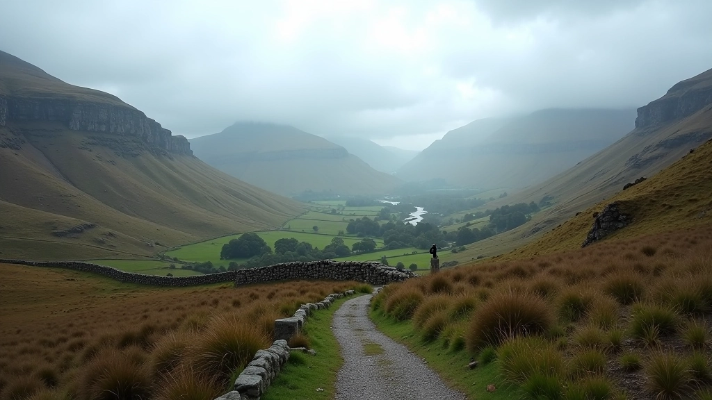 Welsh mountain landscape with dramatic peaks, green valleys, and a hiking trail winding through moorland with ancient stone walls